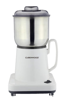 CLEENWOOD CW-900 Electric Coffee Grinder, white compact design, showing the simple on/off switch and the lid covering the stainless steel container and cutting blade.
