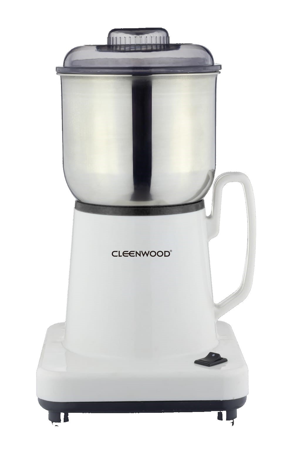 CLEENWOOD CW-900 Electric Coffee Grinder, white compact design, showing the simple on/off switch and the lid covering the stainless steel container and cutting blade.