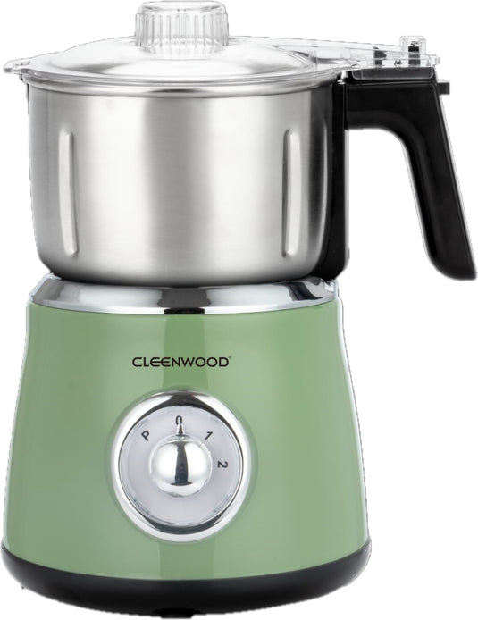 CLEENWOOD CW-901 Electric Coffee Grinder, compact green/white design, showing the simple on/off switch and the lid covering the 250g stainless steel container and cutting blade.