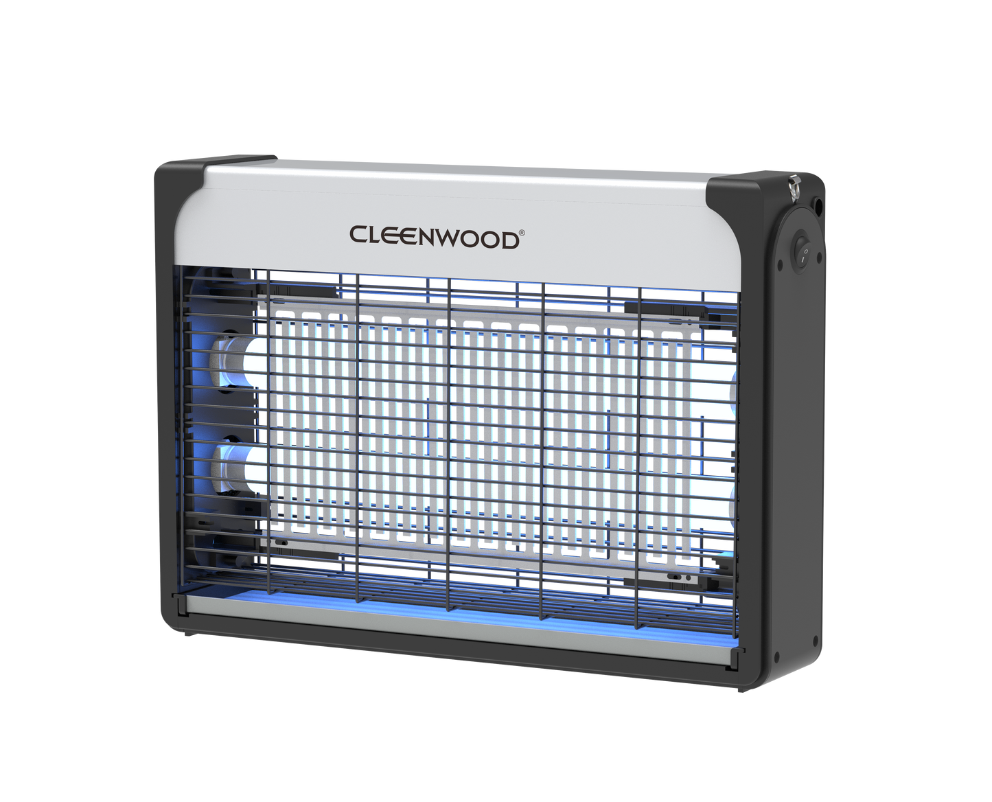 CLEENWOOD CW-950 Electric Insect Killer, showing the enclosed metallic/plastic grid and the UV light tube inside, with the base collection tray visible.