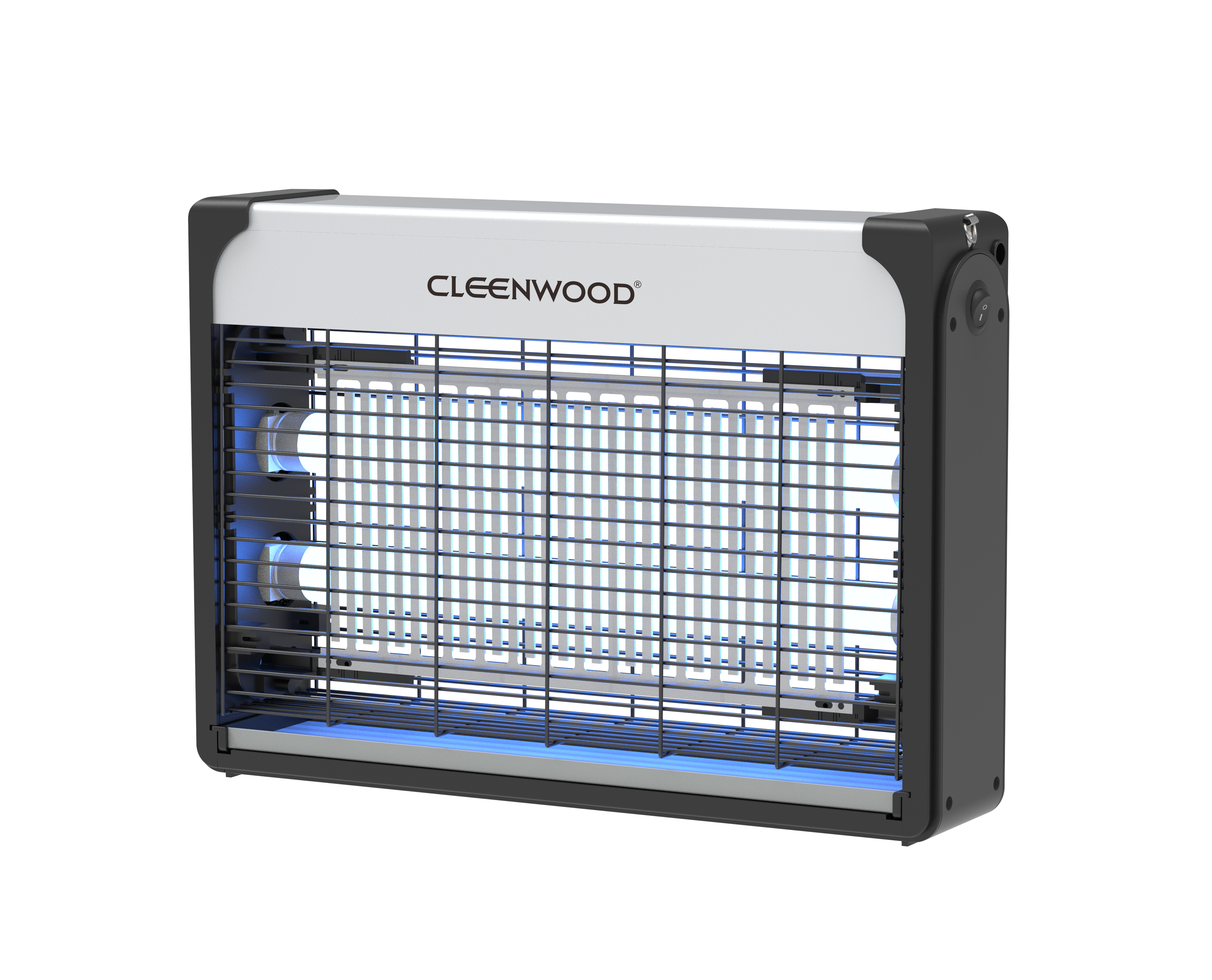 CLEENWOOD CW-950 Electric Insect Killer, showing the enclosed metallic/plastic grid and the UV light tube inside, with the base collection tray visible.