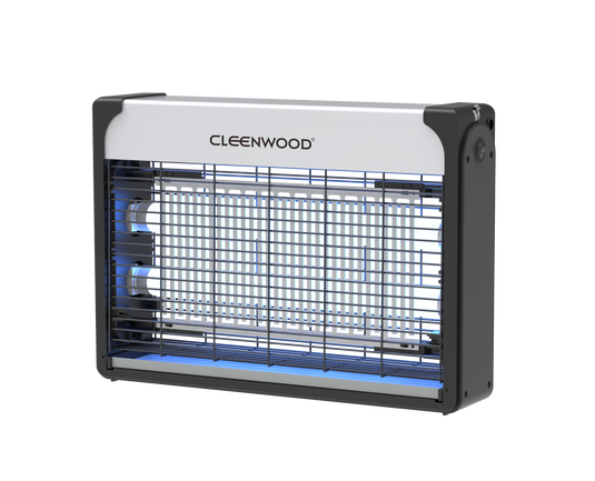 CLEENWOOD CW-950 Electric Insect Killer, showing the enclosed metallic/plastic grid and the UV light tube inside, with the base collection tray visible.