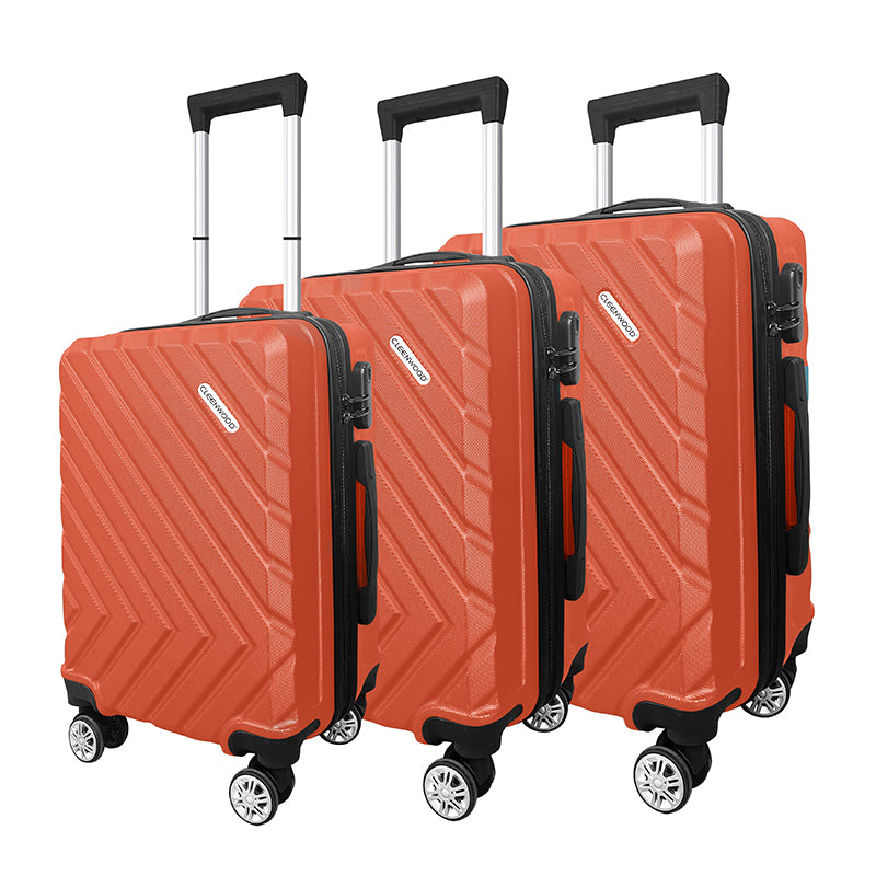 CLEENWOOD CWB-101 3-Piece Trolley Luggage Set, showing the 20-inch, 24-inch, and 28-inch suitcases, highlighting the spinner wheels and the hard shell exterior.