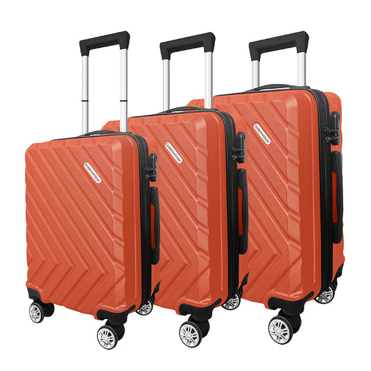 CLEENWOOD CWB-101 3-Piece Trolley Luggage Set, showing the 20-inch, 24-inch, and 28-inch suitcases, highlighting the spinner wheels and the hard shell exterior.