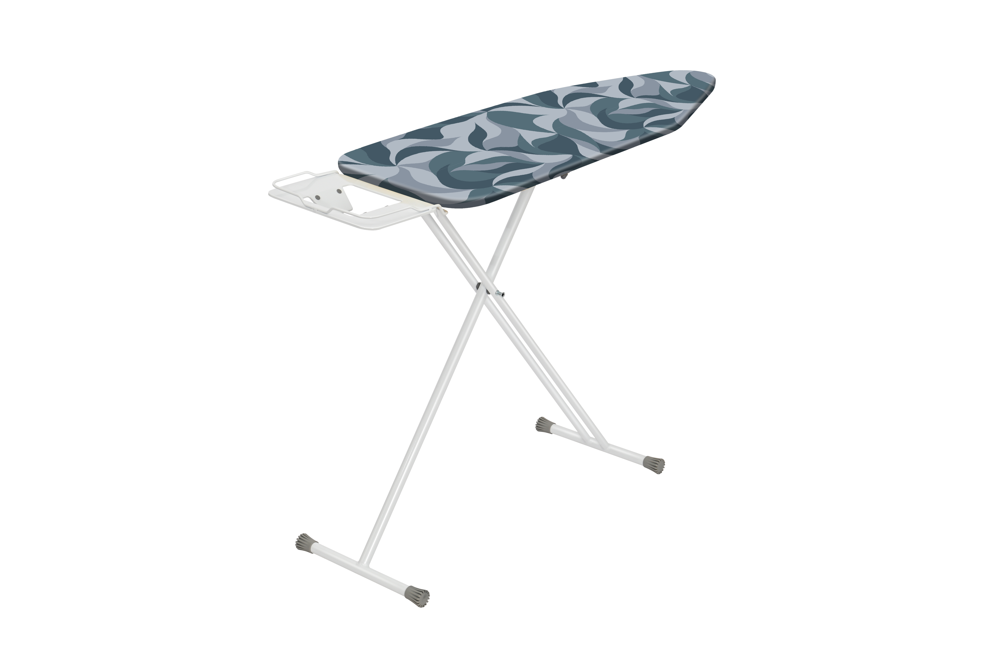 CLEENWOOD CWP-1260 Ironing Board Stand, shown in the upright position, highlighting the standard size, basic white frame, and multi-level adjustable legs.