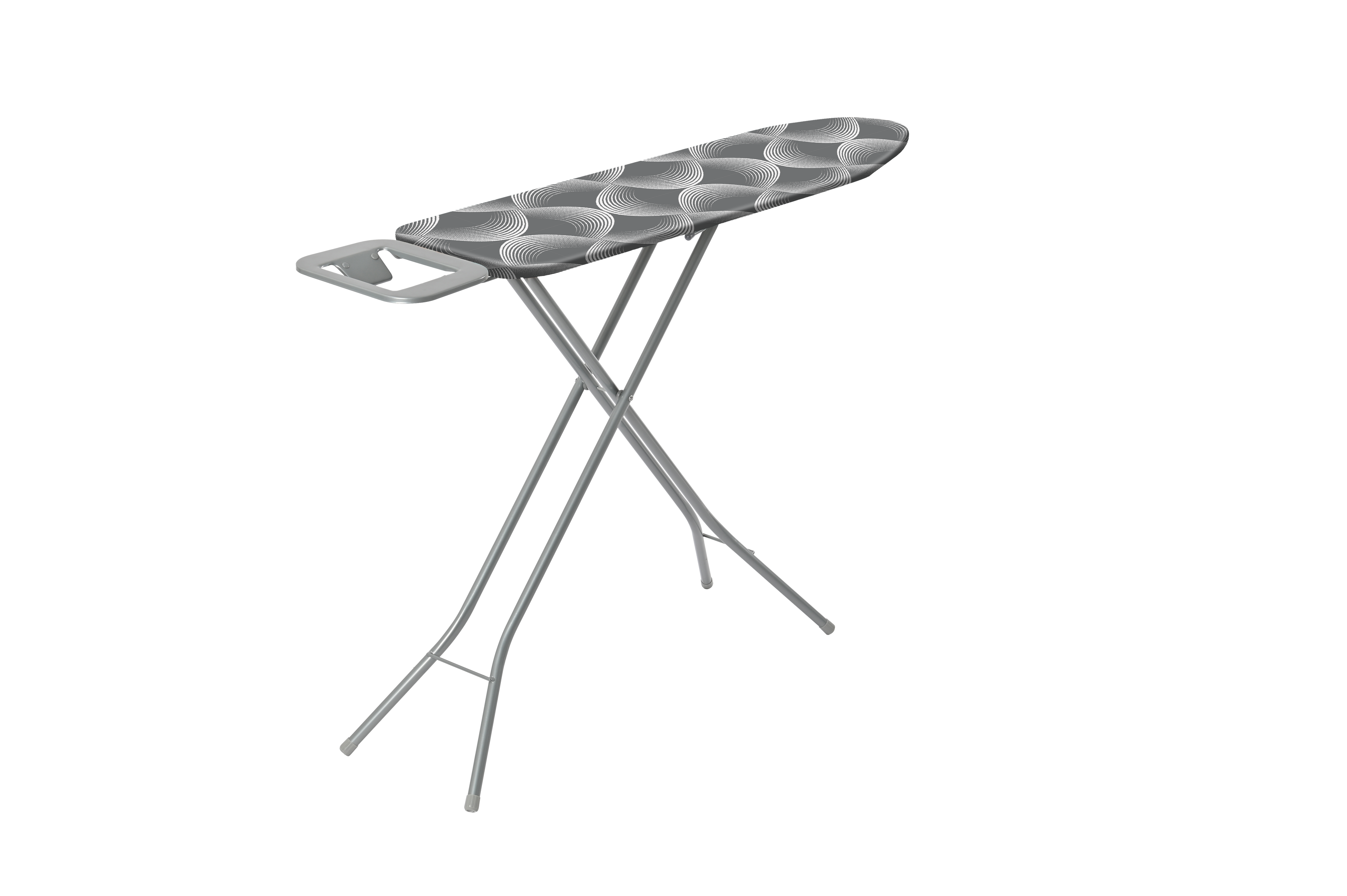 CLEENWOOD CWP-1262 Ironing Board Stand, shown in the upright position, highlighting the standard size, adjustable legs, and the gray and white patterned cover.
