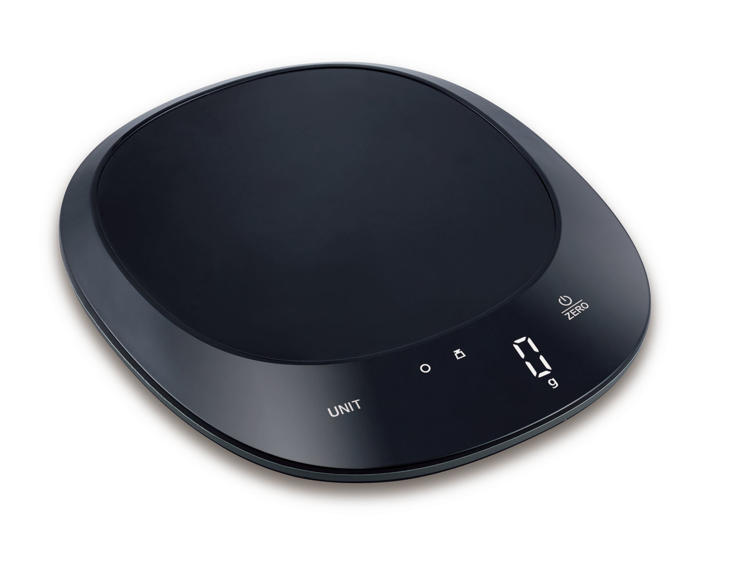 Black digital kitchen scale on a white background