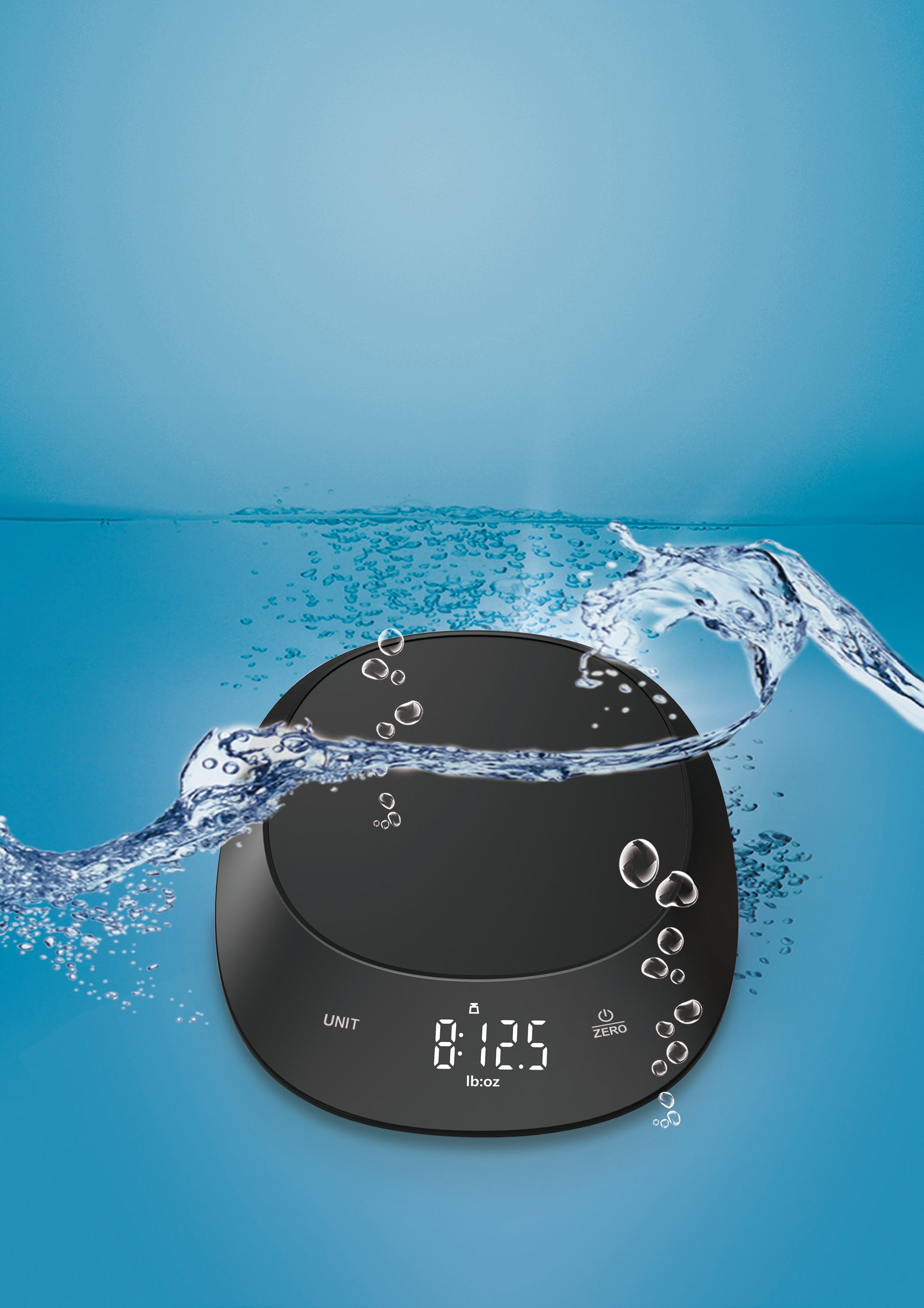 Black electronic device with water splashing around it on a blue background