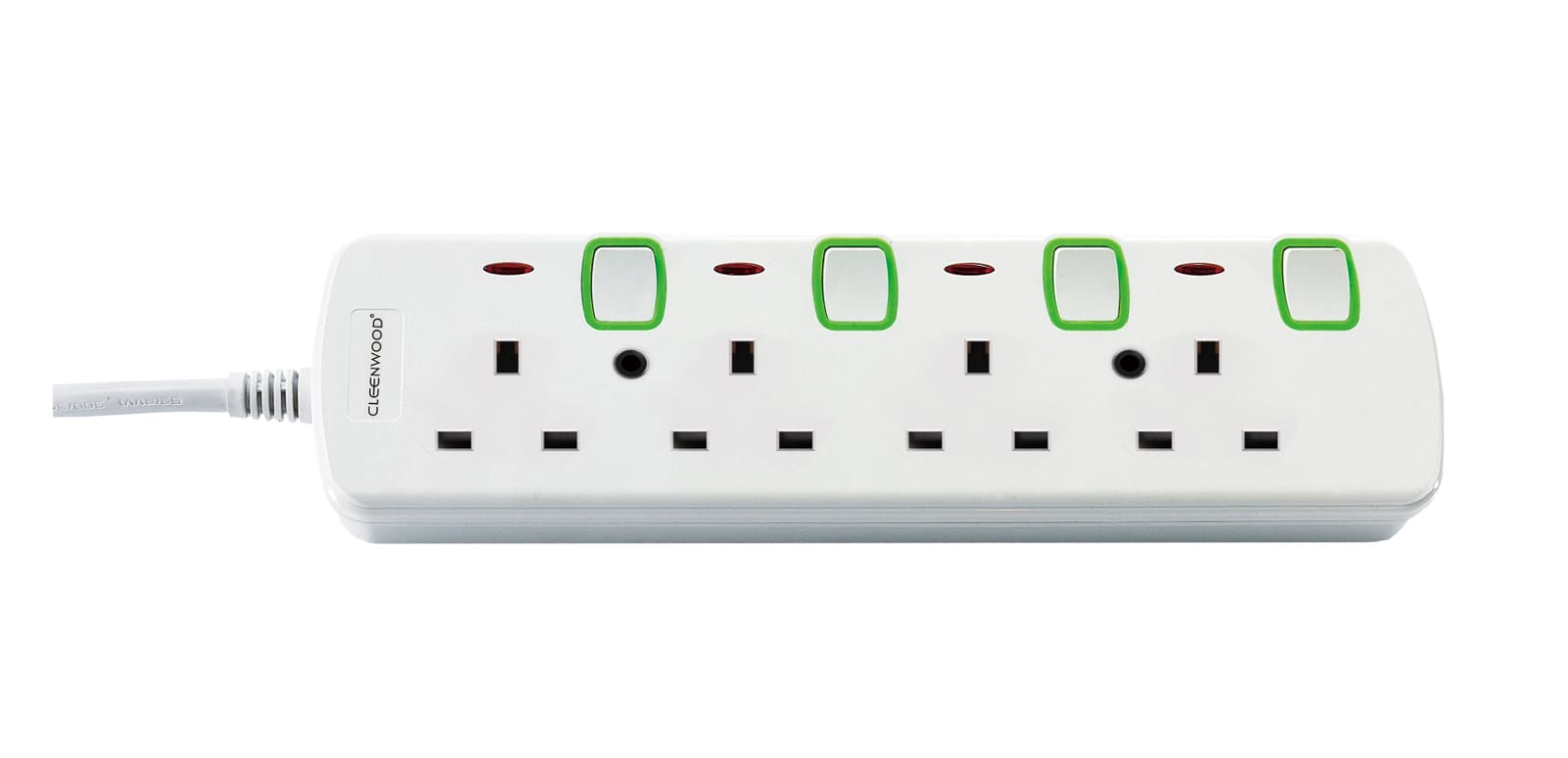 CLEENWOOD SB-105 4 Way Extension Cable with 4 power sockets, a master switch, and a visible overload protection reset button.