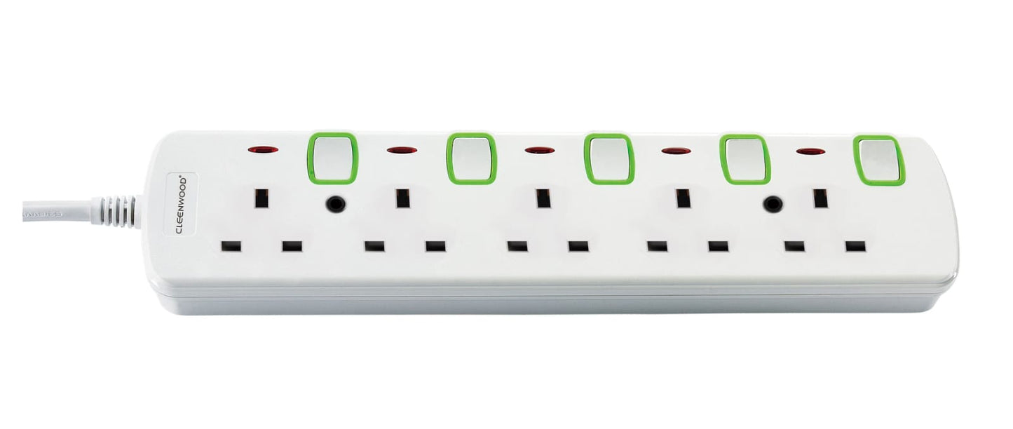 CLEENWOOD SB-106 5 Way Extension Cable with 5 power sockets, a master switch, and a visible overload protection reset button