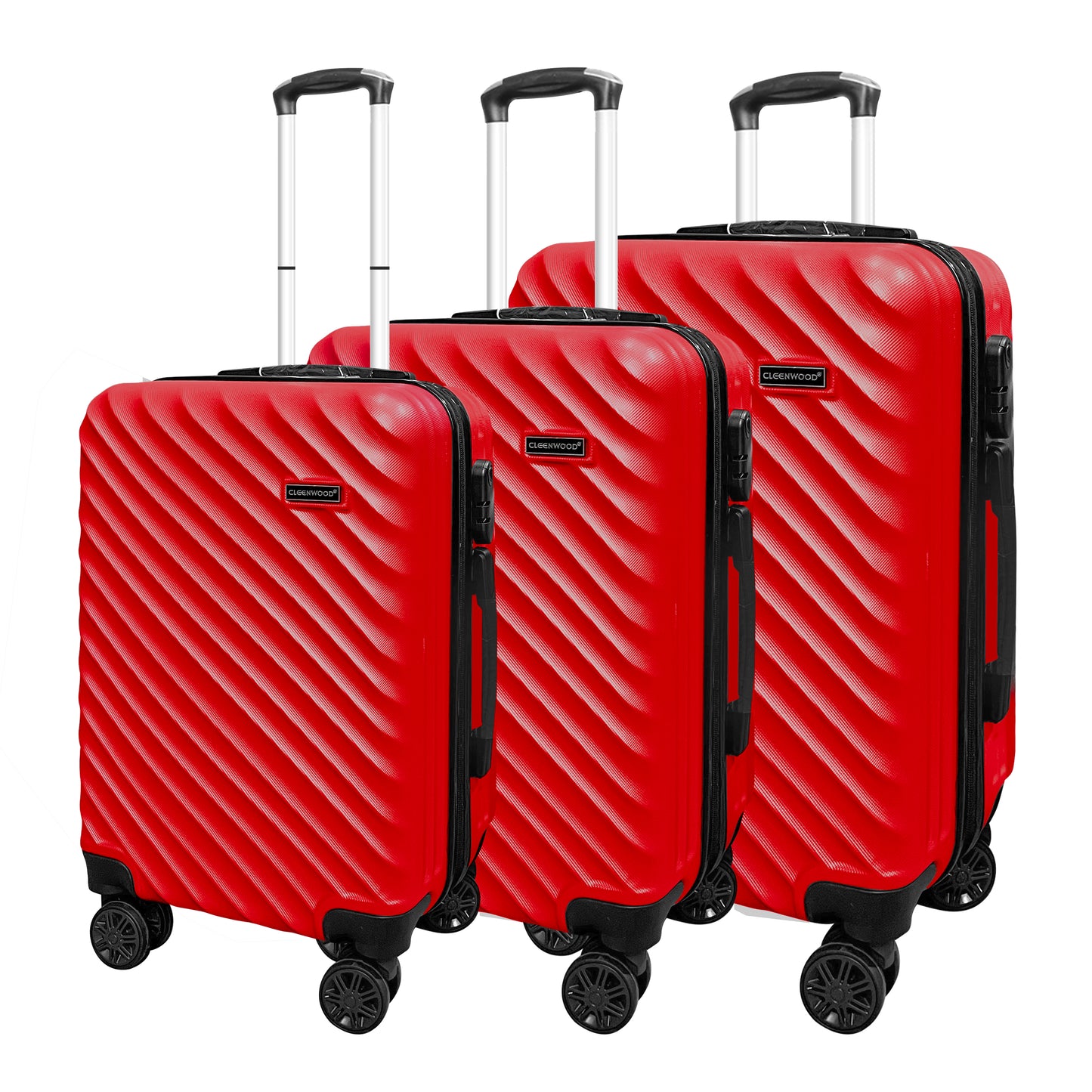 CLEENWOOD 3-Piece Hard Shell Trolley Luggage Set, showing the 20-inch, 24-inch, and 28-inch suitcases, highlighting the 360-degree spinner wheels and the retractable handle.