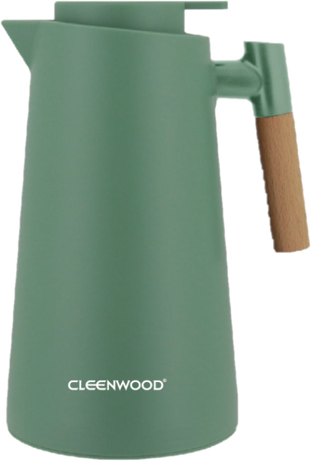 CLEENWOOD Vacuum Jug Flask, Silver/Black, showing the push button pourage dispenser on the lid