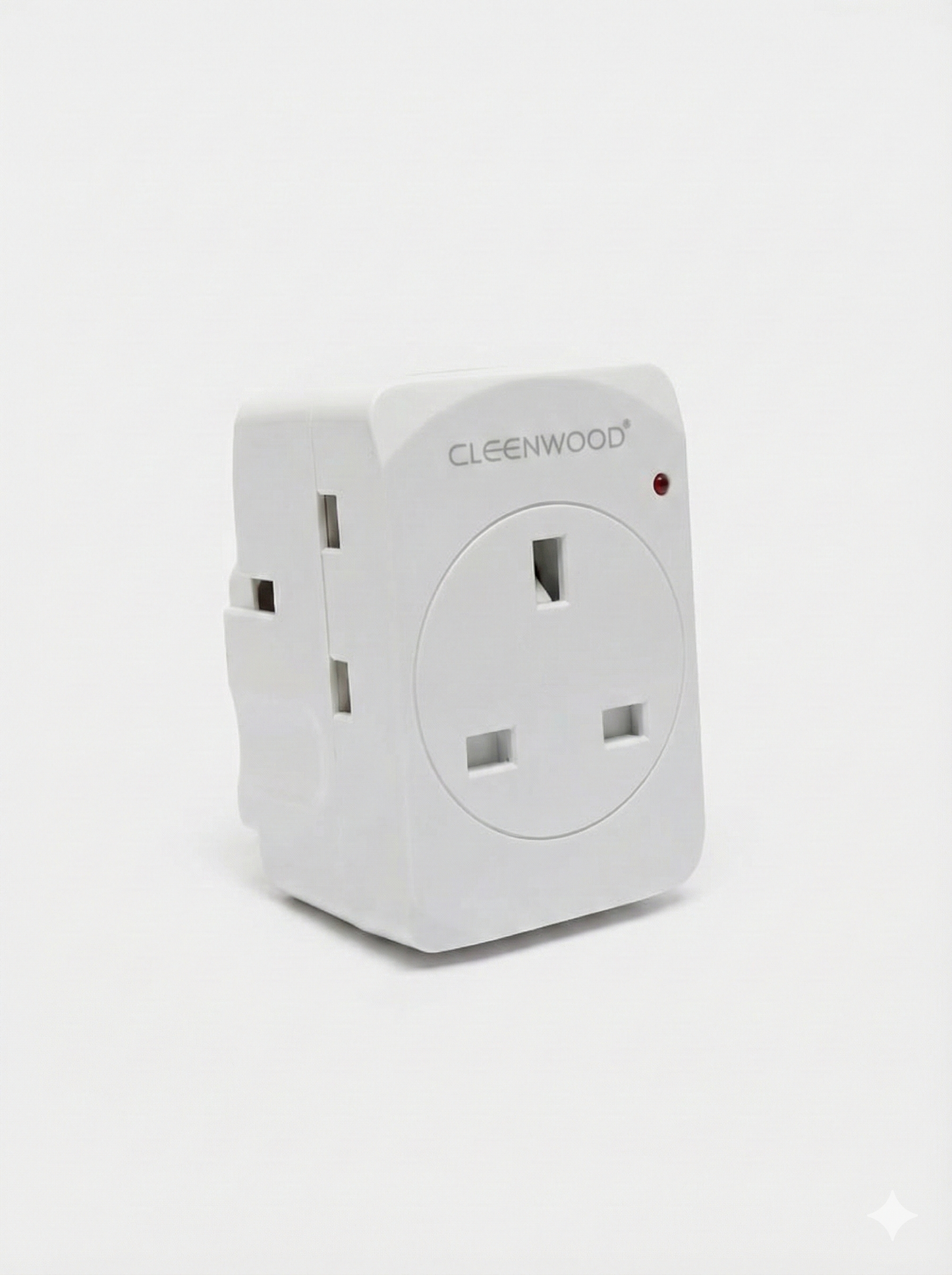 White electrical plug adapter with 'Cleenwood' branding on a white background