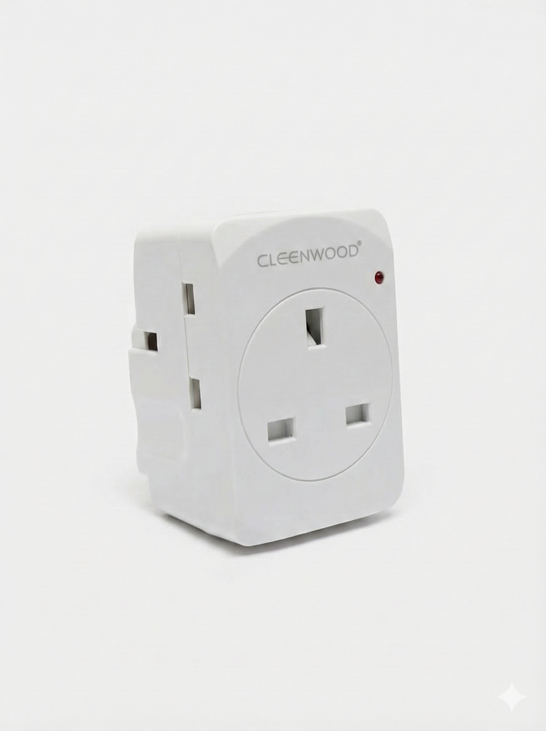 White electrical plug adapter with 'Cleenwood' branding on a white background