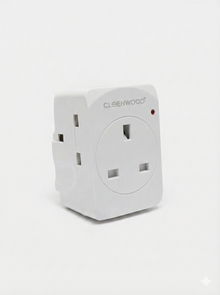White electrical plug adapter with 'Cleenwood' branding on a white background
