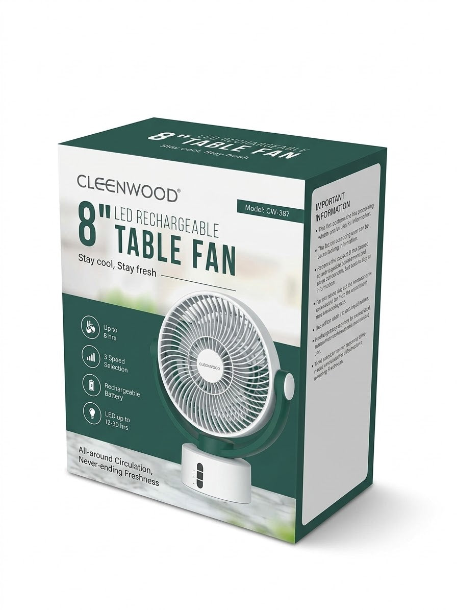 CLEENWOOD 8" LED REHARGEABLE TABLE FAN CW-387