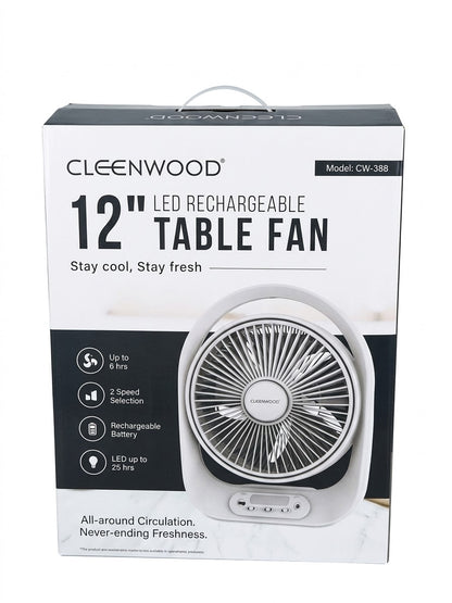 CLEENWOOD 12" REHARGEABLE TABLE FAN CW-388