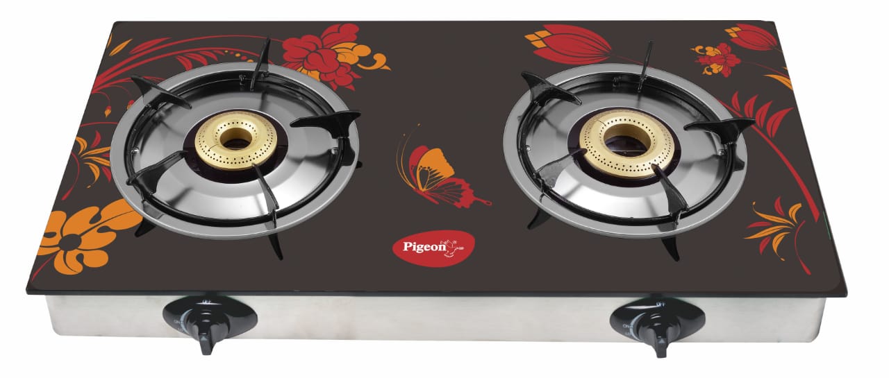 Pigeon Nova 2 Burner Glass Top Auto Ignition Gas Stove in a modern kitchen.