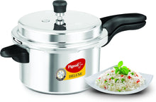 Pigeon Deluxe 5 Litre Aluminium Outer Lid Pressure Cooker, silver color, showing the medium-to-large capacity body, precision weight valve, and ergonomic stay-cool handles.