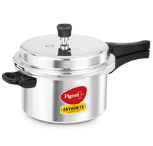 Pigeon Favourite 5 Litre Aluminium Outer Lid Pressure Cooker, silver color, showing the ISI mark, ergonomic handle, and the precision weight valve.