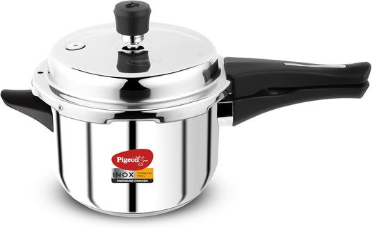 Pigeon Inox 3 Litre Stainless Steel Pressure Cooker, silver color, showing the outer lid, ergonomic handle, and the thick induction-compatible sandwich bottom.