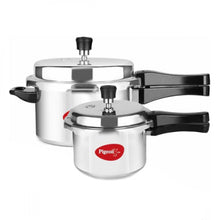 Pigeon Aluminium Inner Lid Pressure Cooker Set, showing the two sizes, 5 Litre and 3 Litre, with their safety weight valves and induction-compatible bases.