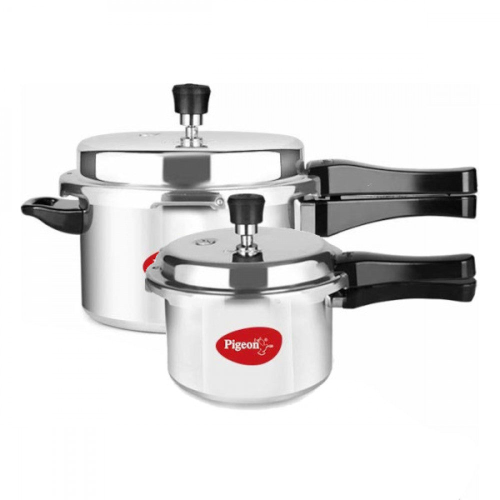 Pigeon Aluminium Inner Lid Pressure Cooker Set, showing the two sizes, 5 Litre and 3 Litre, with their safety weight valves and induction-compatible bases.