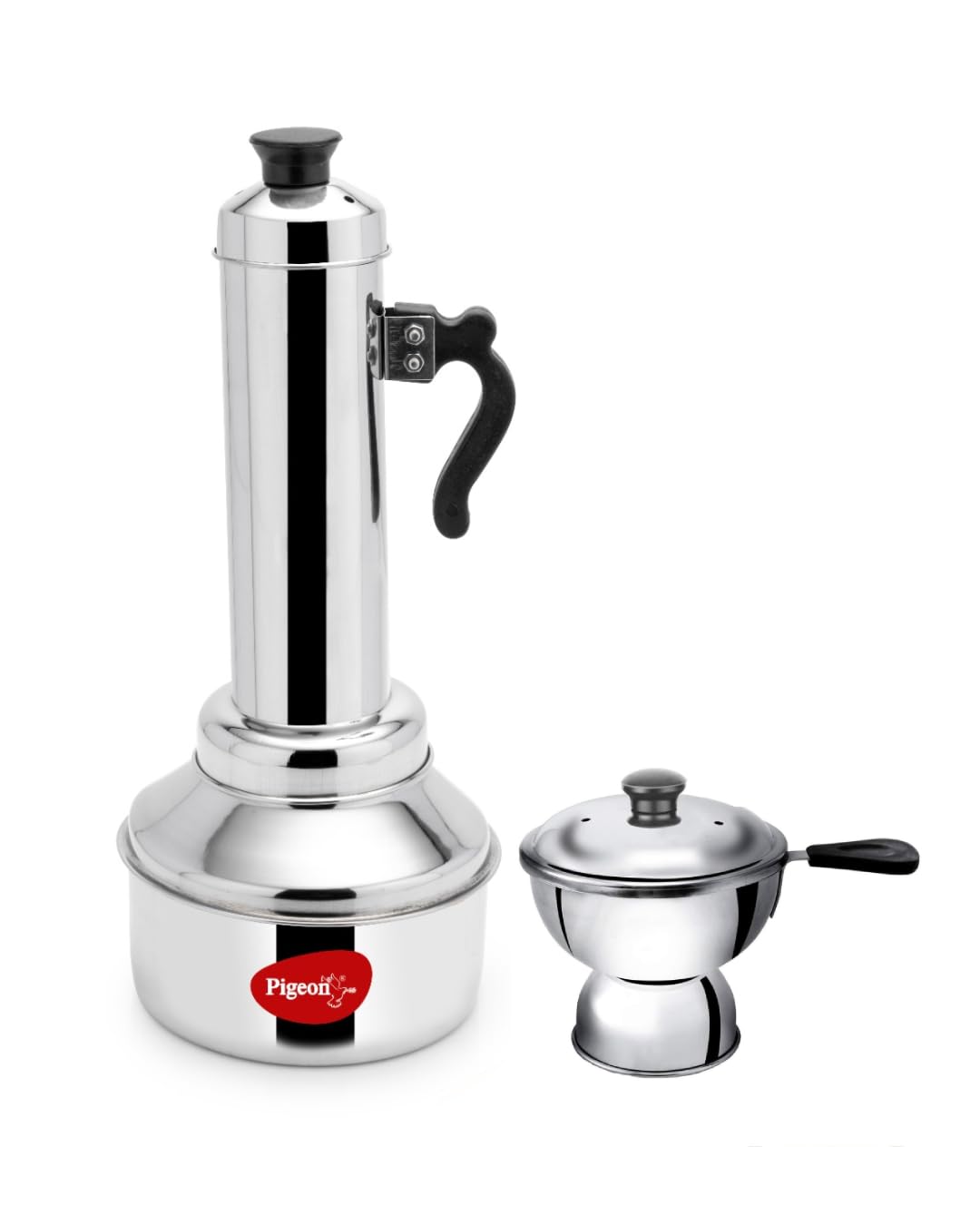 Pigeon Stainless Steel Puttu Maker with induction base shown on a gas stove.