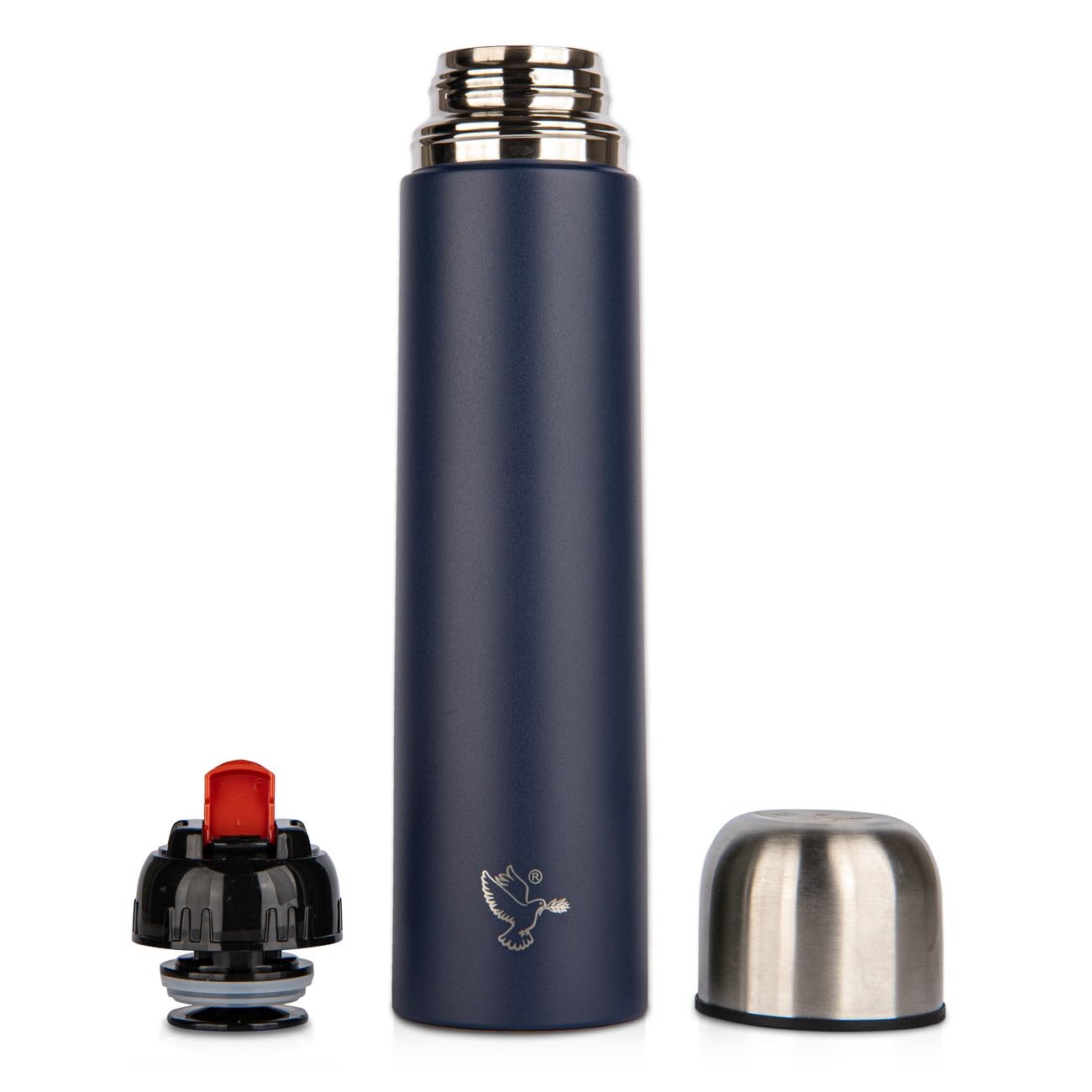 Pigeon by Stovekraft Stark Plus Navy Blue 1000 ml stainless steel double-walled thermos flask, showing the bottle with its lid sealed and the navy blue finish.