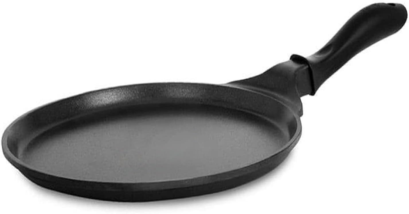 Pigeon Wonder Cast Non-Stick Flat Tawa, 280 mm diameter, showing the cast aluminium body, large flat non-stick cooking surface, and ergonomic handle.