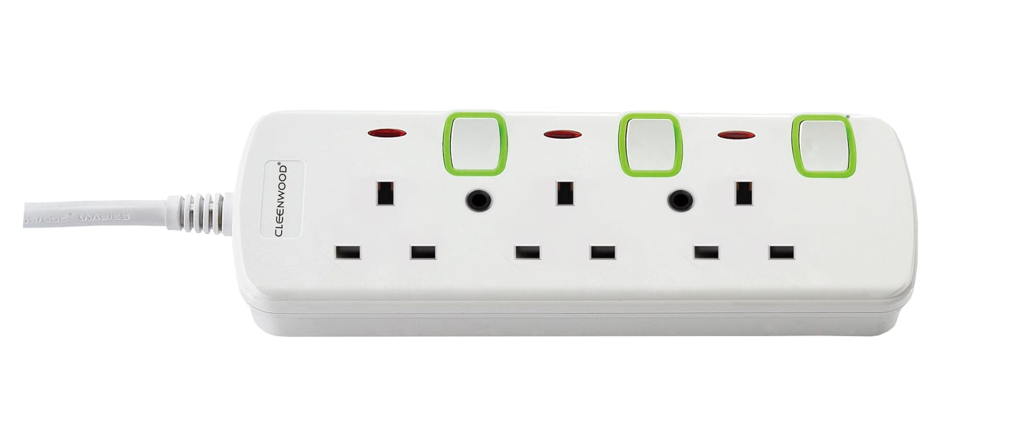 CLEENWOOD SB-104 3 Way Extension Cable with 3 power sockets, a master switch, and a visible overload protection reset button, shown in a compact design.