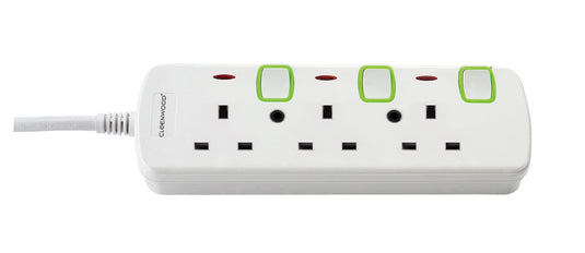 CLEENWOOD SB-104 3 Way Extension Cable with 3 power sockets, a master switch, and a visible overload protection reset button, shown in a compact design.